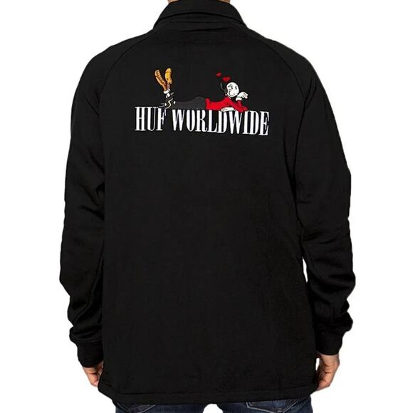 Huff Men's Popeye Black Jacket Olive Graphic Fleece Coach Zip Out Large - Picture 14 of 14